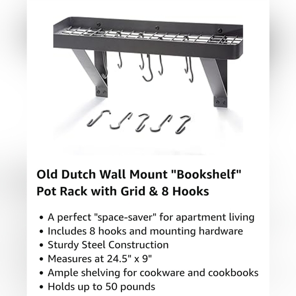 Old Dutch International Wall Mount "Bookshelf" Pot Rack w/Grid And 8 Hooks - Picture 6 of 6